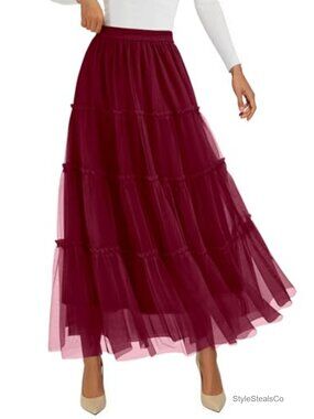 Women's Tulle Tiered Maxi Skirt High Waist A-Line Long Layered Fairy Skirt